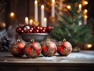 Rote Weihnachtskugeln mit goldener Verziehrung auf einem festlich geschmückten Tisch mit Kerzen und Weihnachtsbaum im Hintergrund - obrazy, fototapety, plakaty