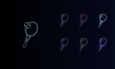 A set of neon tennis symbols. Set of different color symbols, faint neon glow. Vector illustration on black background