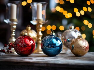 Bunte Weihnachtskugeln und weihnachtliche Dekoration auf einem Tisch mit geschmückten Weihnachtsbaum im Hintergrund