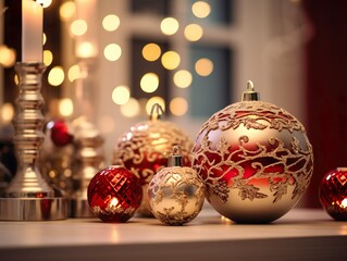 Edle Weihnachtskugeln liegen auf einer Holzoberfläche. Ein Weihnachtsbaum und weihnachtliche Dekoration steht im Hintergrund mit Bokeh