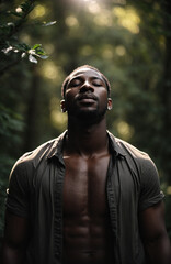 Portrait of African Man in the Forest Breathing Fresh Air