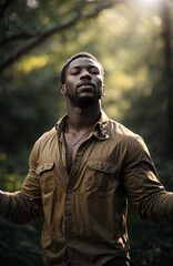 African man in the forest breathing fresh air with his arms outstretched.