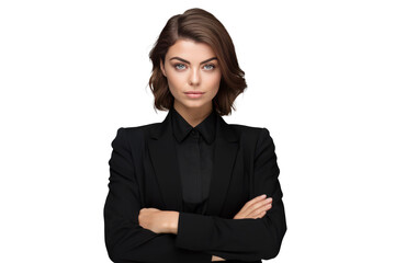 cute business woman in black suit and cross arms on transparent background,generative ai