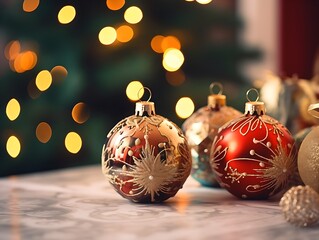 Bunte Weihnachtskugeln liegen auf einer Steinoberfläche. Ein Weihnachtsbaum steht im Hintergrund mit Bokeh