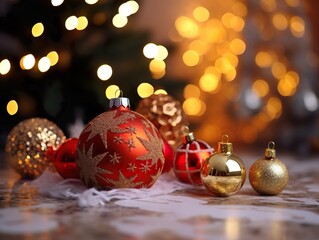 Rote Weihnachtskugeln liegen auf einem Tisch. Ein Weihnachtsbaum steht im Hintergrund mit Bokeh