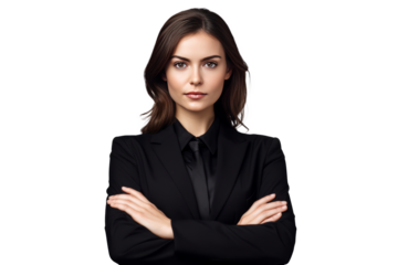 cute business woman in black suit and cross arms on transparent background