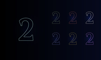 A set of neon number two symbols. Set of different color symbols, faint neon glow. Vector illustration on black background