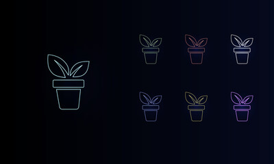 A set of neon plant in pot symbols. Set of different color symbols, faint neon glow. Vector illustration on black background