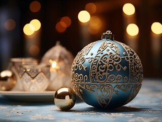 Eine blaue Weihnachtskugel liegt auf einem festlich gedeckten Tisch. Ein Weihnachtsbaum steht im Hintergrund mit Bokeh