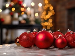 Rote Weihnachtskugeln liegen auf einer Holzoberfläche. Ein Weihnachtsbaum steht im Hintergrund neben einem Kamin mit Kerzen mit Bokeh
