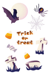 Vector cartoon illustration set with isolated objects: grave stone, bat, moon, spider and cobweb, sweets. Perfect for Halloween print, poster, scrapbooking, greeting card, party invitation, tag