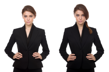 cute business woman in black suit and cross arms on transparent background