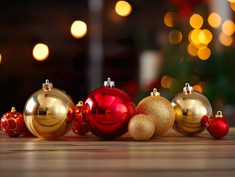 Rote und goldene Weihnachtskugeln liegen auf einer Holzoberfl&auml;che. Ein Weihnachtsbaum steht im Hintergrund mit Bokeh