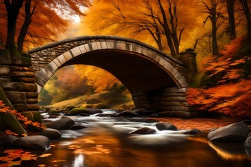 River flowing under stone bridge with floating autumn,
