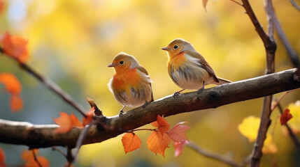 Obraz premium Two european robins sitting on a tree branch in autumn