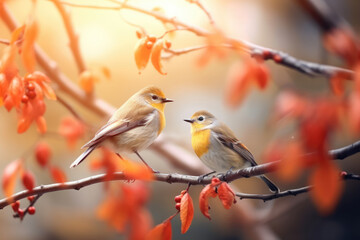 Fototapeta premium Two european robin birds (Erithacus rubecula) on a branch in autumn