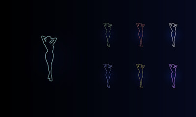 A set of neon sexy woman images. Set of different color symbols, faint neon glow. Vector illustration on black background