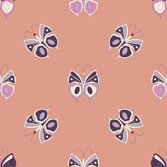 Vector seamless pattern in retro groovy style. Butterflies and moths in violet colors perfect for scrapbooking, textile, wrapping paper and stationery for kids and adults