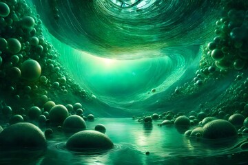 Create an image of an ethereal dreamscape where luminous spheres dance upon the surface of an emerald sea - obrazy, fototapety, plakaty