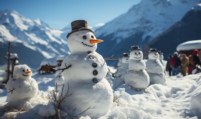 Obraz premium Snowy Fun: Snowmen Under the Winter Sun. AI generated
