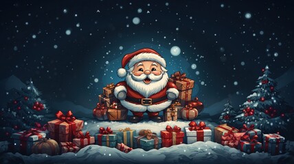 Santa Claus on a Blue Background with Festive Gifts - AI-Generated