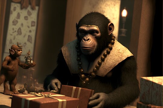 caeser from the planet of the apes celebrating christmas with his tribe gifts Shaders OpenGLShaders postprocessing postproduction Cel Shading Tone Mapping CGI VFX SFX 3d rendering octane render 