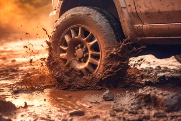 Foto op Plexiglas A thrilling scene showcasing a 4x4 vehicle navigating through the extreme terrain, with mud and dirt flying as it conquers the challenging road. © EdNurg