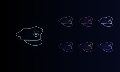 A set of neon police cap symbols. Set of different color symbols, faint neon glow. Vector illustration on black background