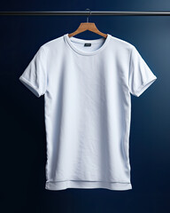A clean and minimalistic white t-shirt mockup isolated on a blue background