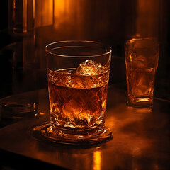 In a sophisticated jazz lounge, a lowball glass holds a meticulously crafted old-fashioned cocktail. The dark, polished wood of the bar reflects the golden hues of the drink, while the spotlight on th