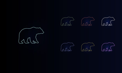 A set of neon bear icons. Set of different color symbols, faint neon glow. Vector illustration on black background