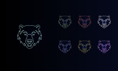 A set of neon bear head symbols. Set of different color symbols, faint neon glow. Vector illustration on black background