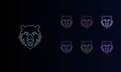 A set of neon bear head icons. Set of different color symbols, faint neon glow. Vector illustration on black background