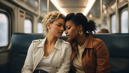 A lesbian couple in love, friends on the train, sitting next to each other - obrazy, fototapety, plakaty