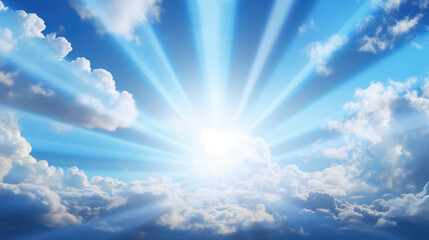 Blue sky background with white clouds and sun rays.