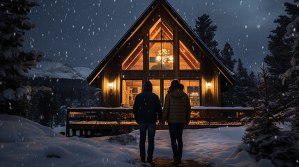 A cozy, intimate cabin nestled in the snowy mountains, warm lights glowing through wooden windows, fresh snowfall outside, twilight sky, couple holding hands in front