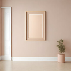An empty frame mockup in a matte white finish, hung by thin wires from the ceiling in a room with warm-toned pink walls and a bamboo flooring in a natural light brown shade.

