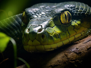 Fototapeta premium green anaconda, coiled, eyes focused, in a swampy Amazonian environment
