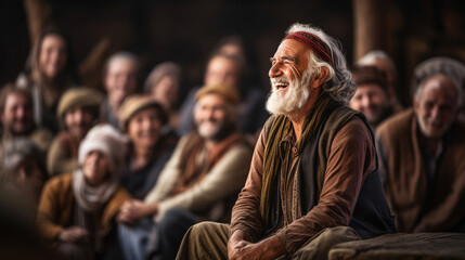 An elderly storyteller captivating an audience with tales of ethnic folklore, Ethnic Folk, blurred background
