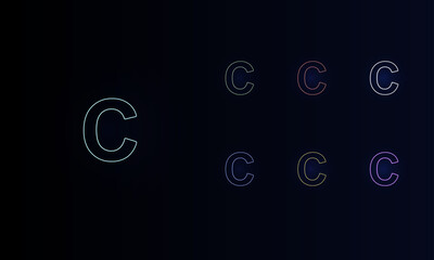 A set of neon capital letter C symbols. Set of different color symbols, faint neon glow. Vector illustration on black background