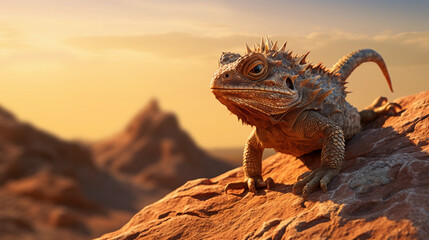 Desert landscape at sunset, featuring a horned lizard in striking pose on a rock, rich textures, golden hour