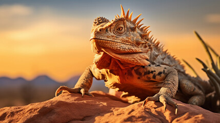 Desert landscape at sunset, featuring a horned lizard in striking pose on a rock, rich textures,...