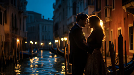 Gondola ride through Venetian canals, couple leaning in for a kiss, historical buildings reflecting in water, twilight blue sky