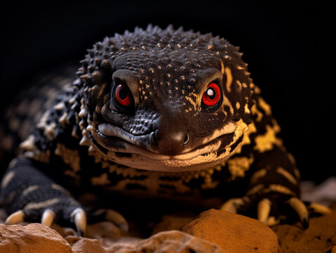 Gila monster in a desert cave, lit dramatically from above, sharp focus on scales and eyes