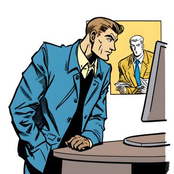 A man with a blue jacket have an argument with a computer drawing in comic style like herg with a very sleek style 
