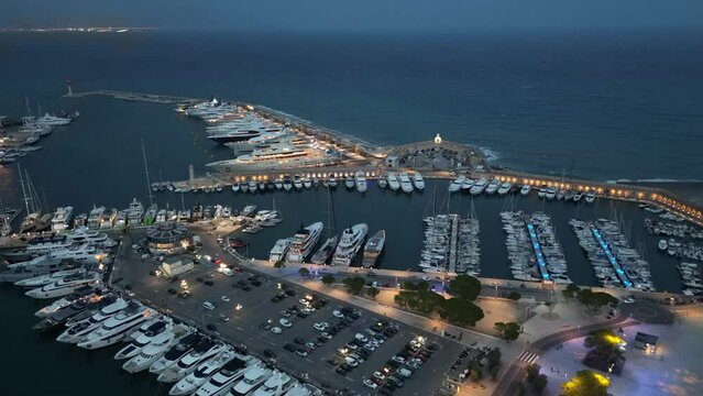 Sunset over Antibes harbour of Billionaires, Drone footage, 4k 30fps. 