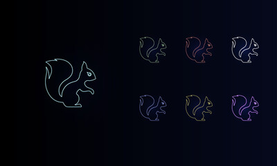 A set of neon squirrel symbols. Set of different color symbols, faint neon glow. Vector illustration on black background