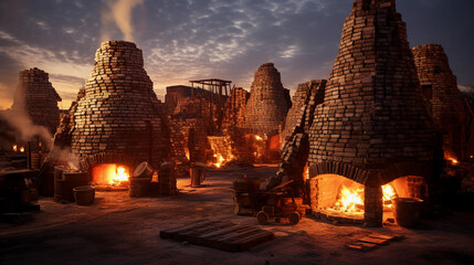 an industrial brick kiln, lit by the glow of burning firewood, with stacks of bricks ready for firing - obrazy, fototapety, plakaty