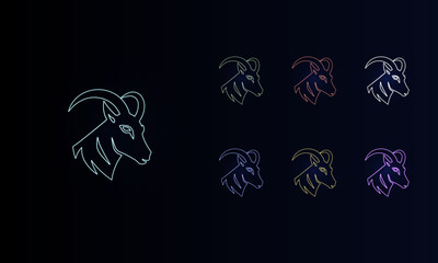 A set of neon goat's head symbols. Set of different color symbols, faint neon glow. Vector illustration on black background