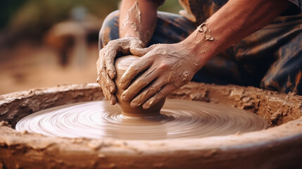 A close-up of a potter's wheel in motion, shaping clay into ethnic folk pottery, Ethnic Folk, blurred background